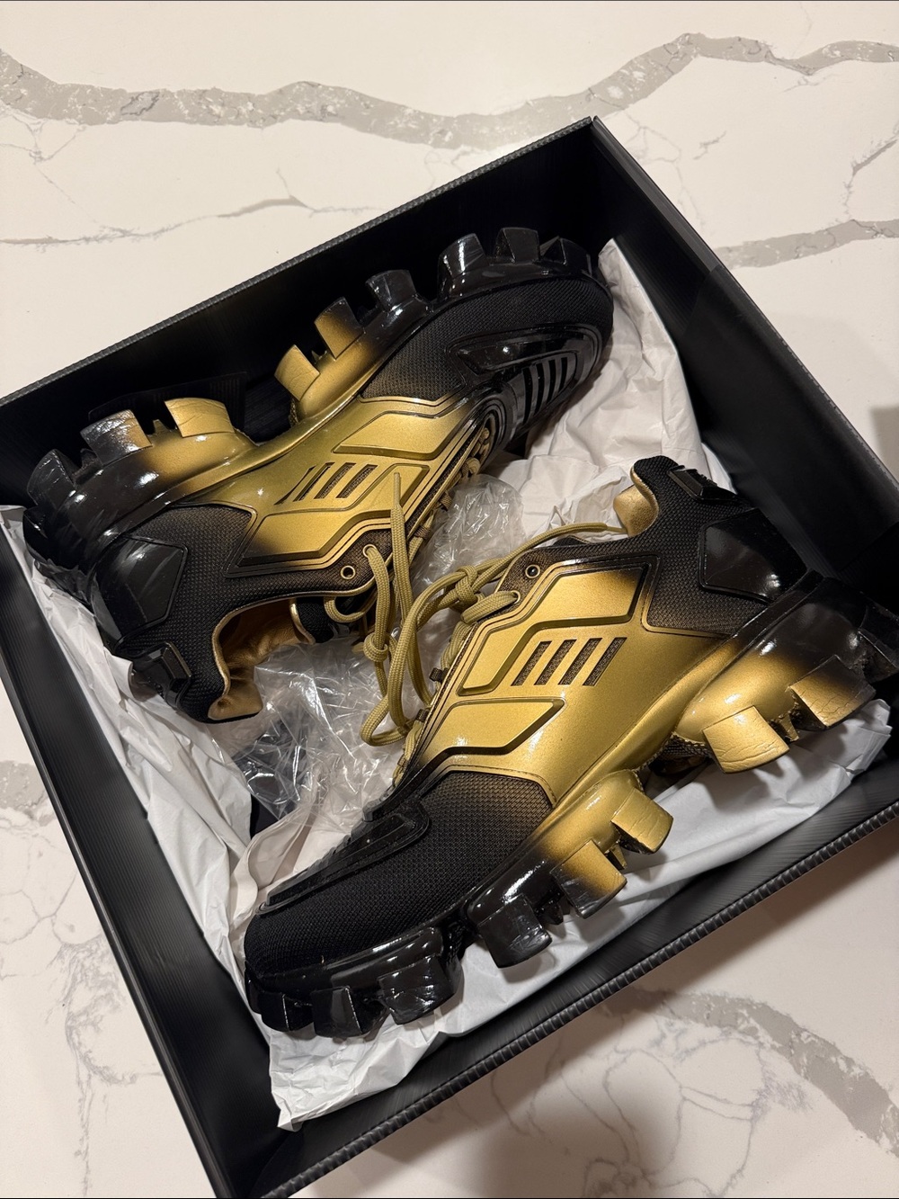 Prada Men's Black and Gold Chunky Sole Sneakers